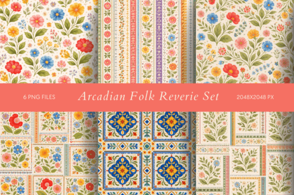 Arcadian Folk Reverie Set: Folk Art Backgrounds for Modern Design